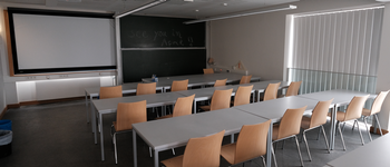 lecture room with board in the background, 3 rows of tables and chairs