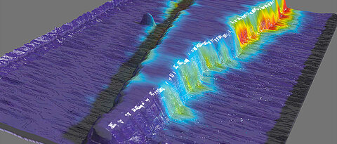 Das Bild zeigt den Elektronenfluss auf der Oberfläche des Quantenmaterials Blei-Zinn-Selenid. Durch die keilförmige Anordnung der „topologischen Drähte“ konnten die Physiker exakt bestimmen, ab welchem Mindestabstand Strom verlustfrei fließt – im Bild rot markiert.