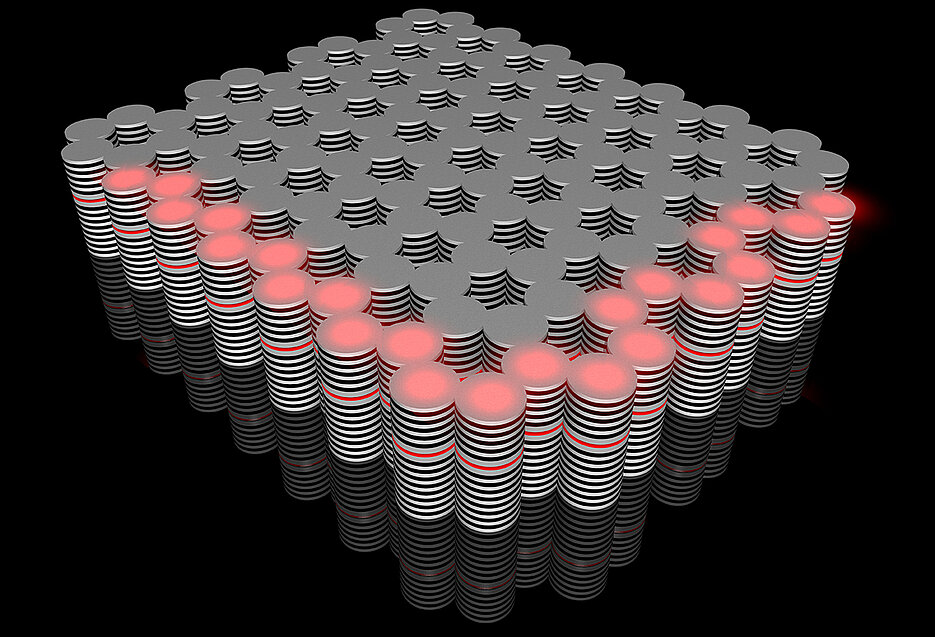 Der neuartige topologische Isolator aus der Würzburger Physik: An seinen Kanten entlang fließt ein Strom aus Exziton-Polaritonen (rot), der sich kontrollieren lässt. (Bild: Karol Winkler)