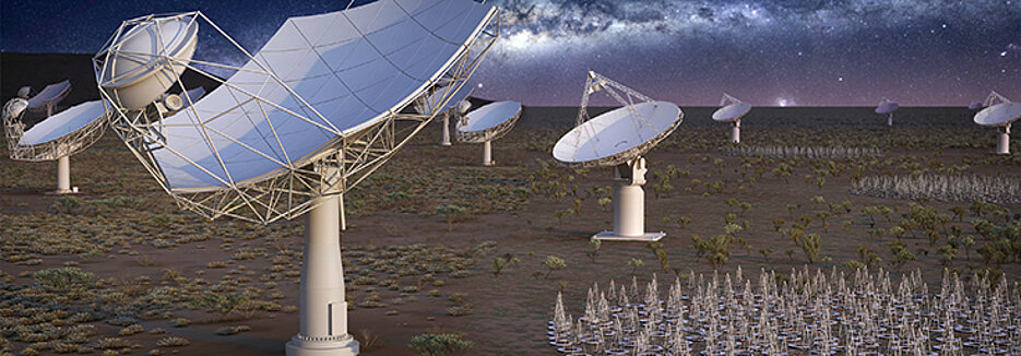 Künstlerischer Eindruck des Radioteleskops bei Nacht, das aus verschiedenen Antennen bestehen wird. Diese verteilen sich über etliche Länder auf der Nord- und Südhalbkugel der Erde.