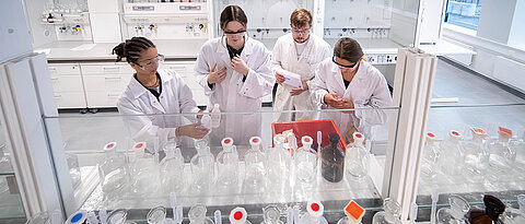 Schülerinnen und Schüler beim Experimentieren im Chemielabor.