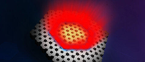 30 oberflächenemittierende Mikrolaser sind zu einem topologischen Laser gekoppelt. Entlang einer topologischen Grenzfläche (blau) verhalten sie sich wie ein einziger Laser und strahlen gemeinsam kohärentes Laserlicht aus (rot). Künstlerische Darstellung.