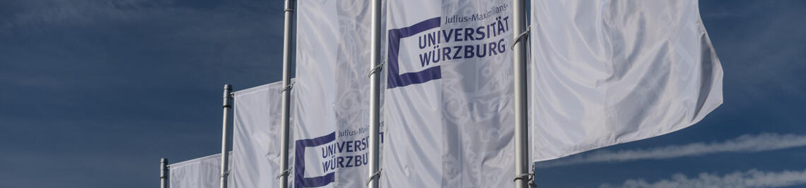 white flags with blue logo of the Würzburg University