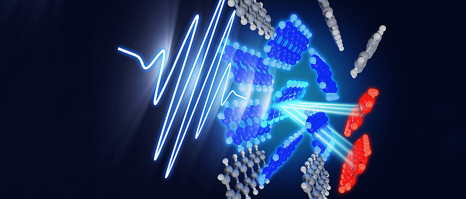 Bei der Singulett-Exzitonenspaltung wird bei der Absorption von Licht ein Singulett-Exziton (blau) erzeugt, das sich dann auf ultraschnellen Zeitskalen in zwei Tripletts (rot) spaltet. Dem Team gelang es, die molekularen Bewegungen, die diesen Prozess begleiten, in einem Material namens Pentacen in Echtzeit zu verfolgen.