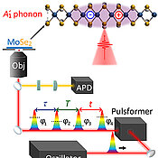 Von unten nach oben: Laser (Oszillator), Pulsformer mit erzeugter Vier-Puls-Folge, Avalanche-Photodiode (APD) zur Detektion, Mikroskop-Objektiv (Obj), 2D-Material (MoSe2) mit Exziton (+/-) und Schwingung (A1‘ phonon).