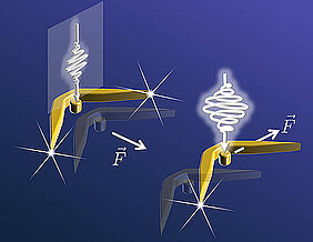 Nano-Drohnen (aus einkristallinem Gold) reagieren unterschiedlich auf linear und zirkular polarisiertes Licht. Während linear polarisiertes Licht die Drohne antreibt, wird sie durch zirkular polarisiertes Licht seitwärts bewegt oder gedreht. (Bild: Bert Hecht, Gary Razinskas)