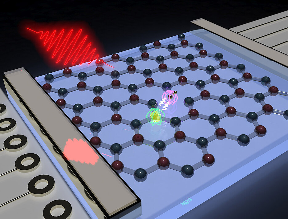 Atomar dünne Schicht aus Bornitrid mit einem durch die Bor-Leerstelle gebildeten Spinzentrum. Mit Hilfe der Hochfrequenzanregung (roter Pfeil) ist es möglich, das Qubit zu initialisieren und zu manipulieren.