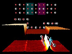 Cleaved surfaces of topological crystalline insulators (TCIs) often exhibit step edges. For example, as highlighted by red and gray spheres, the rendered perspective STM image shows a double- (left) and a single-atomic step edge (right). The periodicity o