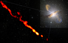 High-resolution view of a relativistic plasma jet ejected from the vicinity of a supermassive black hole at the center of the radio galaxy Centaurus A. The inset panel shows the large-scale submillimeter (orange), X-ray (blue) and the visible-light emission of the host galaxy.